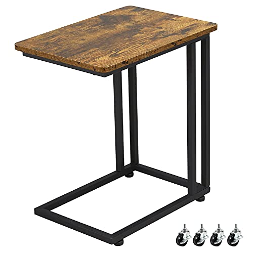 Yaheetech, Yaheetech Metal/Wood Side Table with Wheels, Industrial Sofa End Table for Small Spaces, C Shaped Table with Metal Frame