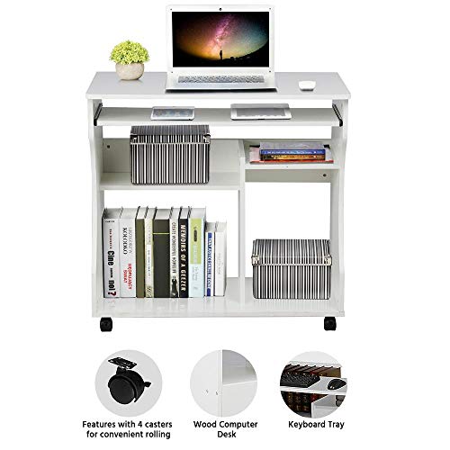 Yaheetech, Yaheetech Modern Space Saver Computer Desk PC Table Wheels Home Office Furniture White, with Sliding Keyboard and Cupboard Drawers