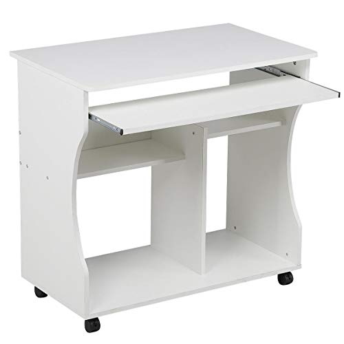 Yaheetech, Yaheetech Modern Space Saver Computer Desk PC Table Wheels Home Office Furniture White, with Sliding Keyboard and Cupboard Drawers