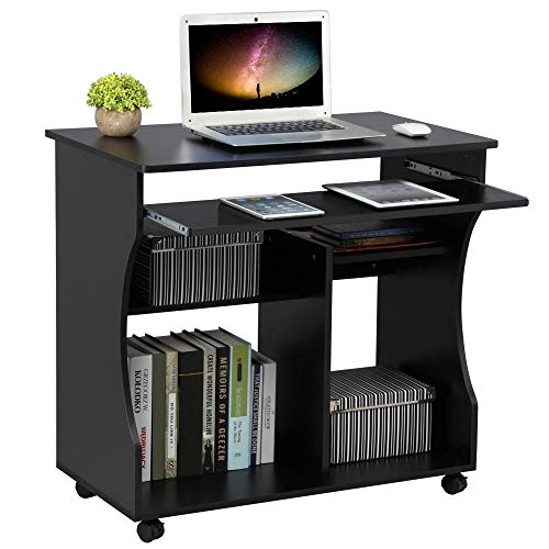 Yaheetech, Yaheetech Movable Computer Office Desk PC Laptop Table Home Office Furniture with Sliding Keyboard 2 Shelves Study Workstation on Wheels
