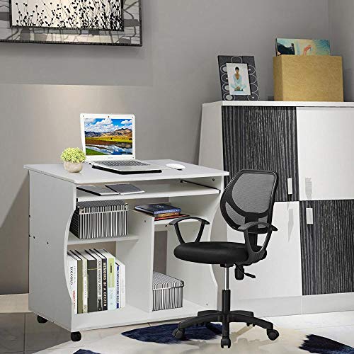 Yaheetech, Yaheetech Movable Computer Office Desk Table Workstation Home Office Furniture with Sliding Keyboard 2 Shelves Study Workstation on Wheels White 80.1 x 48.1 x 76.2 cm