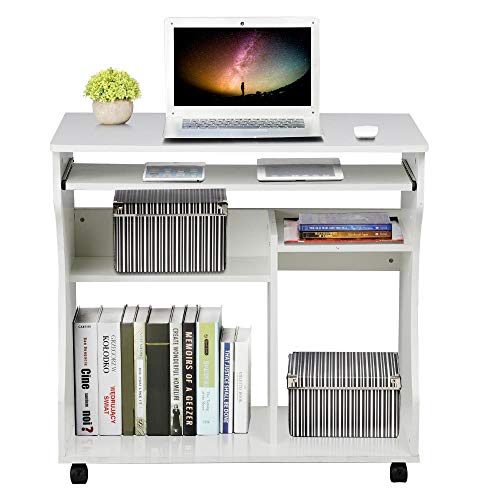 Yaheetech, Yaheetech Movable Computer Office Desk Table Workstation Home Office Furniture with Sliding Keyboard 2 Shelves Study Workstation on Wheels White 80.1 x 48.1 x 76.2 cm