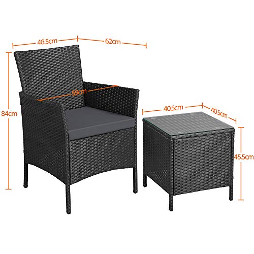 Yaheetech, Yaheetech Rattan Furniture Sets 2 Seater Wicker Chairs and a Coffee Table 3 Piece Garden Patio Table Chairs Set with Cushions Outdoor Black