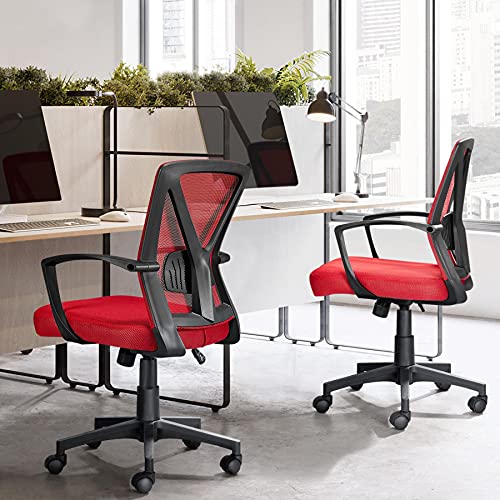 Yaheetech, Yaheetech Red Computer Chair Durable Executive Swivel Mesh Chair Adjustable Mid Back Office Chair with Back Support Wheels and Arms