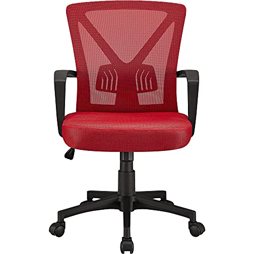 Yaheetech, Yaheetech Red Computer Chair Durable Executive Swivel Mesh Chair Adjustable Mid Back Office Chair with Back Support Wheels and Arms