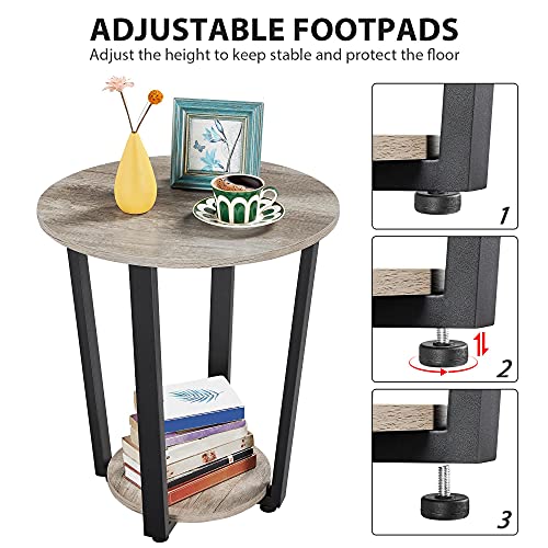 Yaheetech, Yaheetech Round Side Table, Industrial Nightstand Sofa End Table with 2 Storage Shelves, Stable Bedside Table with Metal Frame for Living Room