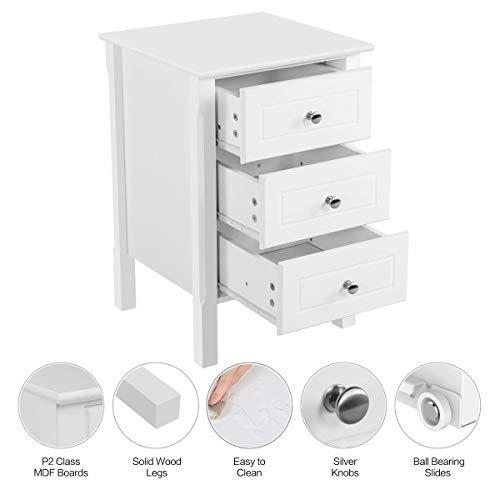 Yaheetech, Yaheetech White Bedside Table Modern Bedside Cabinet Wooden Nightstand with 3 Drawers, Side Table Storage Unit for Bedroom/Living Room/Hallway 40x40x60cm