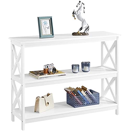 Yaheetech, Yaheetech White Slim Console Table, 3-Tier Wooden Entryway Table, X-Shaped Glossy Telephone Table with Storage Bookshelves Narrow Hall