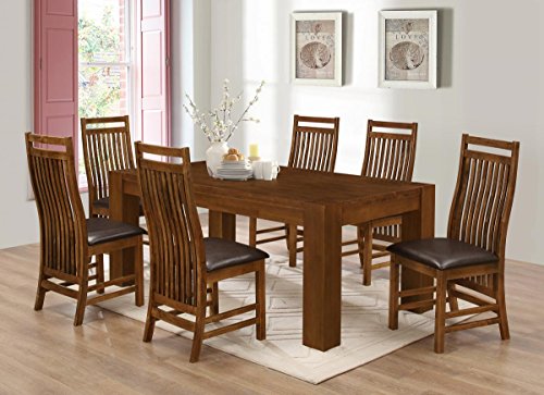 Furniturevilla, Yaxley Dining Set with 6 Chairs Rustic Oak, Solid Rubberwood, Rustic Oak, 1800W x 1000D x 740H (140mm Leg), 6 Chairs, Dark Brown PU Seat