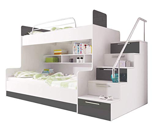 Ye Perfect Choice, Ye Perfect Choice Bunk Bed LUNA K for 2 children Stairs Shelves Drawers High Gloss Inserts Rail (White with Grey Details, Right Hand Side)