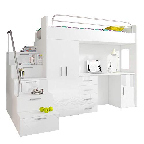 Ye Perfect Choice, Ye Perfect Choice HIGH BED TALA 4S, MODERN SET WITH WARDROBE, DESK AND BED WITH MATTRESS, FUNCTIONAL DESIGN, HIGH GLOSS INSERTS (All in White)