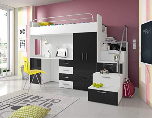 Ye Perfect Choice, Ye Perfect Choice High Sleeper Modern Set with Wardrobe Desk and Cabin Bed with Mattress Functional Design High Gloss Inserts LUNA 4SK (White with Black Details)