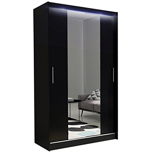 Ye Perfect Choice, Ye Perfect Choice Modern Wardrobe Mirror 2 Sliding Doors Bedroom WARDROBE AVA 4 120cm / 3.9ft (Black, With LED)
