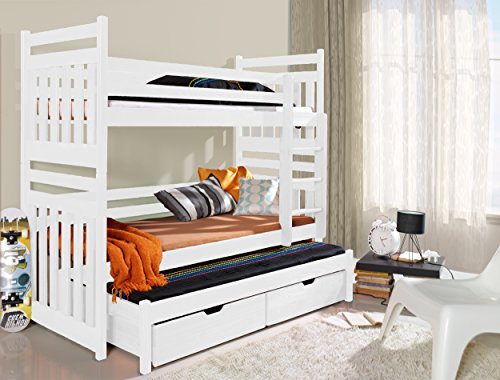 Ye Perfect Choice, Ye Perfect Choice Triple BUNK BED Sambor Modern High Bed DRAWERS Ladder 3 Children TRUNDLE Bed Pine Wood 2 sizes (Right Hand Side, UK Single Standard)