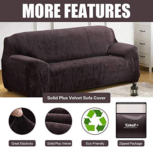 Yeahmart, Yeahmart Thick Sofa Covers 1/2/3 Seater Pure Color Sofa Protector Velvet Easy Fit Elastic Fabric Stretch Couch Slipcover (Brown, 3 Seater 195-230cm)