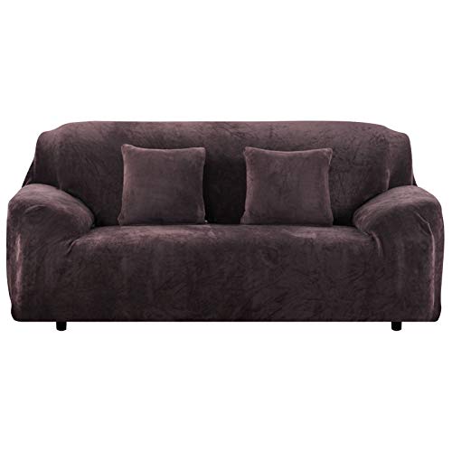 Yeahmart, Yeahmart Thick Sofa Covers 1/2/3 Seater Pure Color Sofa Protector Velvet Easy Fit Elastic Fabric Stretch Couch Slipcover (Brown, 3 Seater 195-230cm)