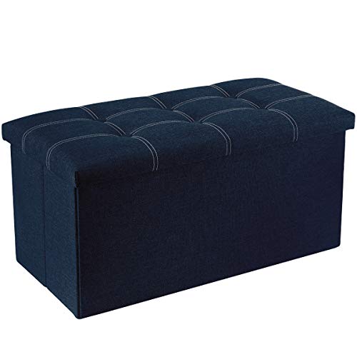 YOUDENOVA, Youdenova Bench with Storage Space, Stool, Storage Chest, Footstool, Foldable Faux Linen Ottoman 76 x 38 x 38 cm, Blue