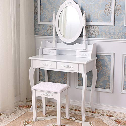 Youyijia, Youyijia Dressing Table with Mirror and Stool White Vanity Desk with 4 Drawers Wooden Makeup Dresser Furniture for Bedroom, Dressing