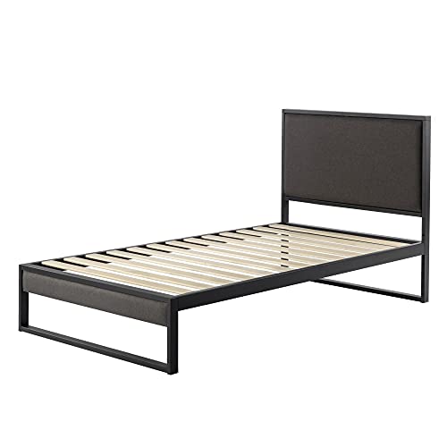 ZINUS, ZINUS Christina 36 cm Upholstered Platform Bed Frame with Headboard | Wood Slat Support | Easy Assembly | For Adults, Kids, Teenagers | Single | Grey
