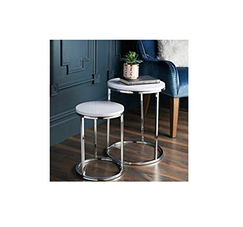 Z&Q, Z&Q Gloss White Round Nest of Tables Sofa Table Coffee Table End Table With Durable Chrome legs Easy to Assemble Side Tables Living