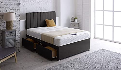 GHOST BEDS, Zidane Divan Bed Set 2 Drawers Same Side With 10" Memory Sprung Mattress & 24" Headboard (Black, 4FT6 DOUBLE)