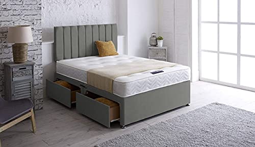 GHOST BEDS, Zidane Divan Bed Set 2 Drawers Same Side With 10" Memory Sprung Mattress & 24" Headboard (Grey, 5FT KINGSIZE)