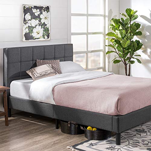 ZINUS, Zinus Upholstered Square Stitched Platform Bed/Mattress Foundation/Easy Assembly/Strong Wood Slat Support, Grey, King