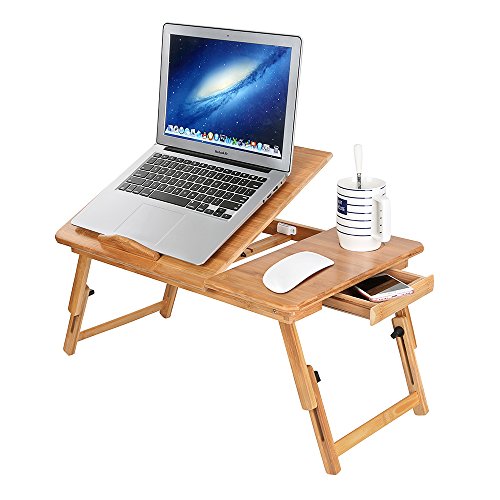OGORI, Zipom 100% Portable Bamboo Laptop Stand Foldable Desk Notebook Table Laptop Bed Tray Bed Table, Flat Style design, play games on bed Table with Drawer (flat-21.5in)