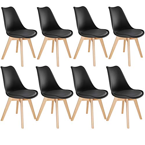 TecTake, tectake 800856 Dinning Chairs in Scandinavian Design, Set of 8, Stable with Solid Wood Legs and Padded Seat (Black)