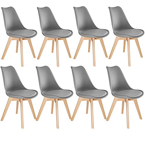 TecTake, tectake 800856 Dinning Chairs in Scandinavian Design, Set of 8, Stable with Solid Wood Legs and Padded Seat (Gray)