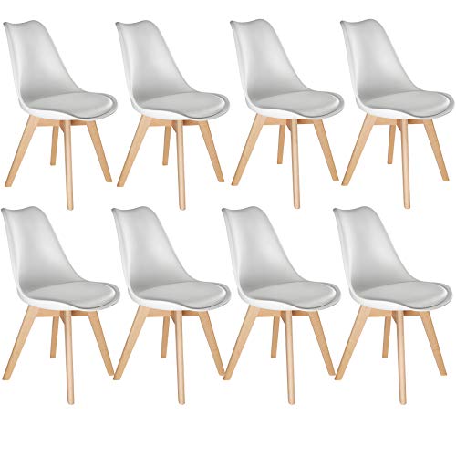 TecTake, tectake 800856 Dinning Chairs in Scandinavian Design, Set of 8, Stable with Solid Wood Legs and Padded Seat (White)