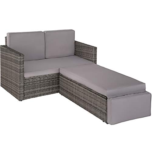TecTake, tectake 800884 Rattan Lounge Sofa | 2-Seat Outdoor with Stool | Garden Furniture Set | Thick Cushions (Grey)