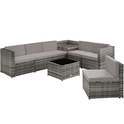 TecTake, tectake 800931 Rattan garden furniture set | Outdoor garden chairs with table and storage box | 6 seater patio set for dining and relaxing (Grey)