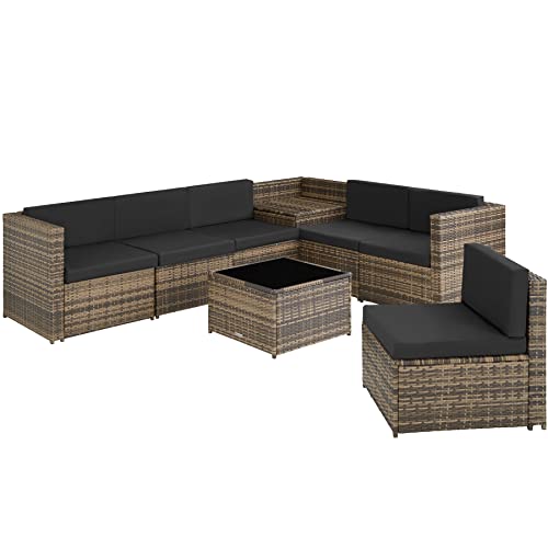 TecTake, tectake 800931 Rattan garden furniture set | Outdoor garden chairs with table and storage box | 6 seater patio set for dining and relaxing (Nature)