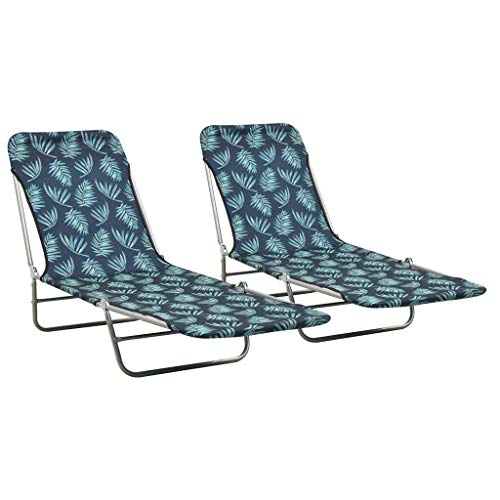 vidaXL, vidaXL 2X Folding Sun Loungers Outdoor Seating Furniture Garden Day Bed Camping Beach Recliner Lounge Chair Sunbed Steel and Fabric Leaf Pattern