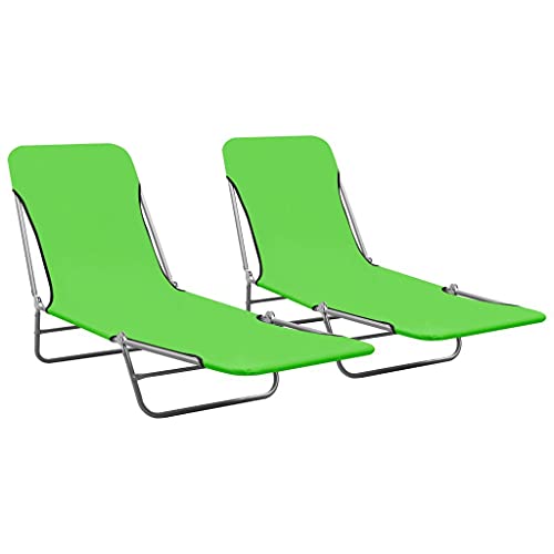 vidaXL, vidaXL 2X Folding Sun Loungers Outdoor Seating Furniture Sunbed Day Bed Beach Camping Foldable Lounger Recliner Steel and Fabric Green