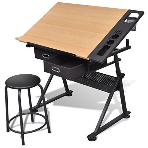 vidaXL, vidaXL Tiltable Tabletop Drawing Table with Stool Home Office Durable with Two Drawers
