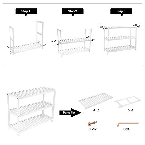woodluv, woodluv 3 Tier Bamboo Storage Rack for Bathroom, Bedroom, Kitchen Storage Shelf Unit, 70 X 26 X 55(H) cms - WHITE